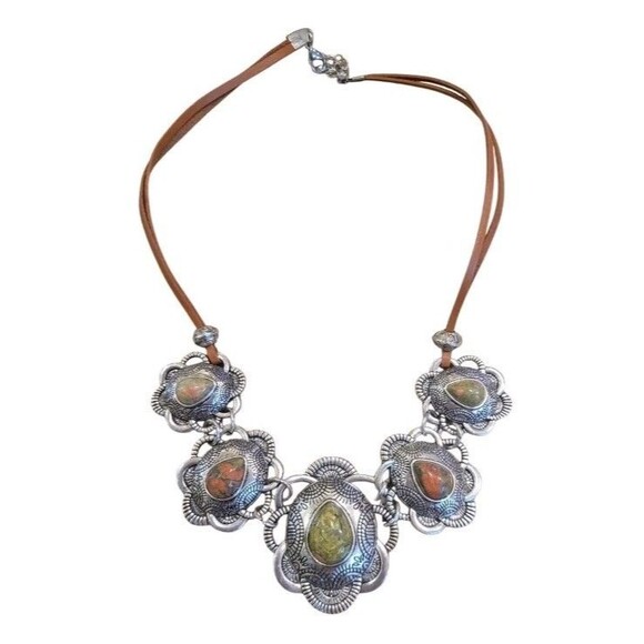 Unakite Tear Drop Stone Southwestern Medallion Stainless  Necklace  Statement - Picture 2 of 8